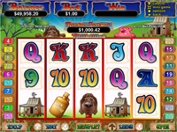 To activate the bonus feature on Hillbillies slots game you need to get two or more scattered Hillbillies that appear anywhere on your screen. Your free games feature is triggered and 8 free games will be awarded to you. All your prizes are doubled during the free games feature, except the Hillbilly slots Bonus prizes.